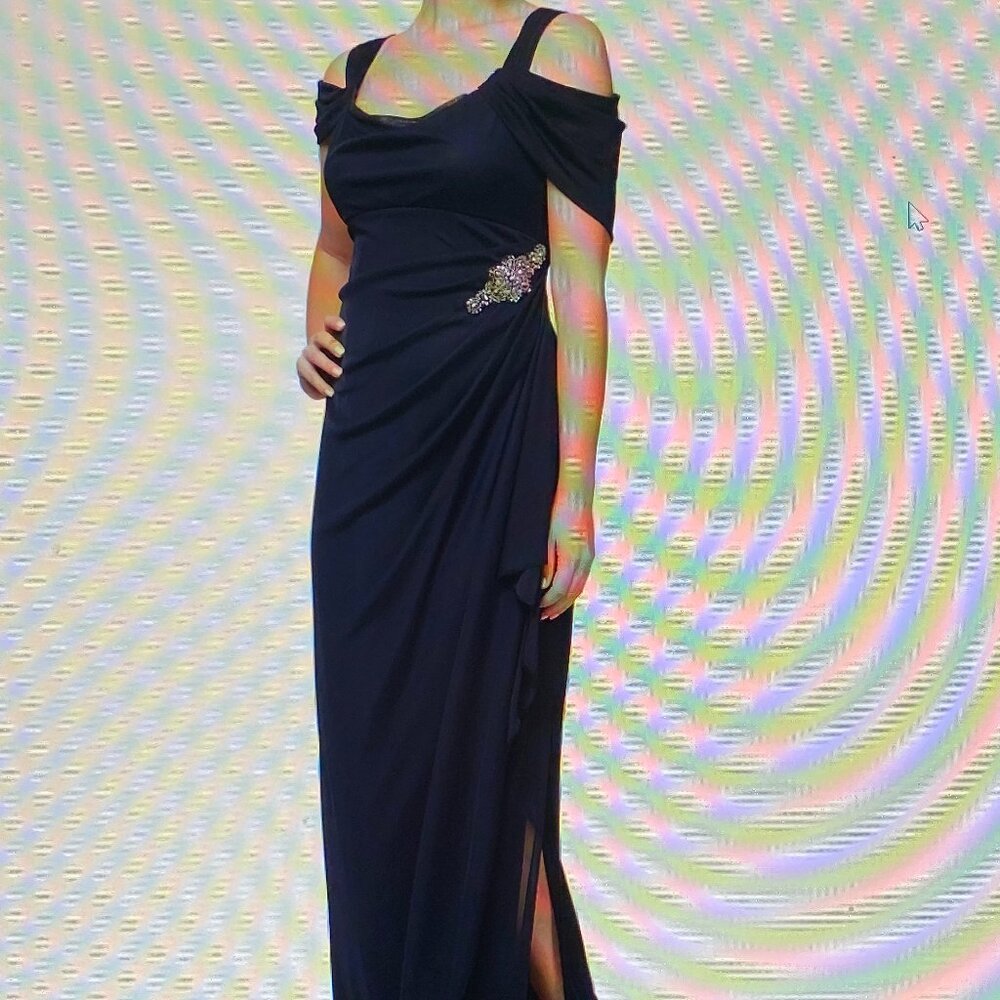 Alex Evenings Womens's Long Cold Shoulder Dress, Navy, Size 6